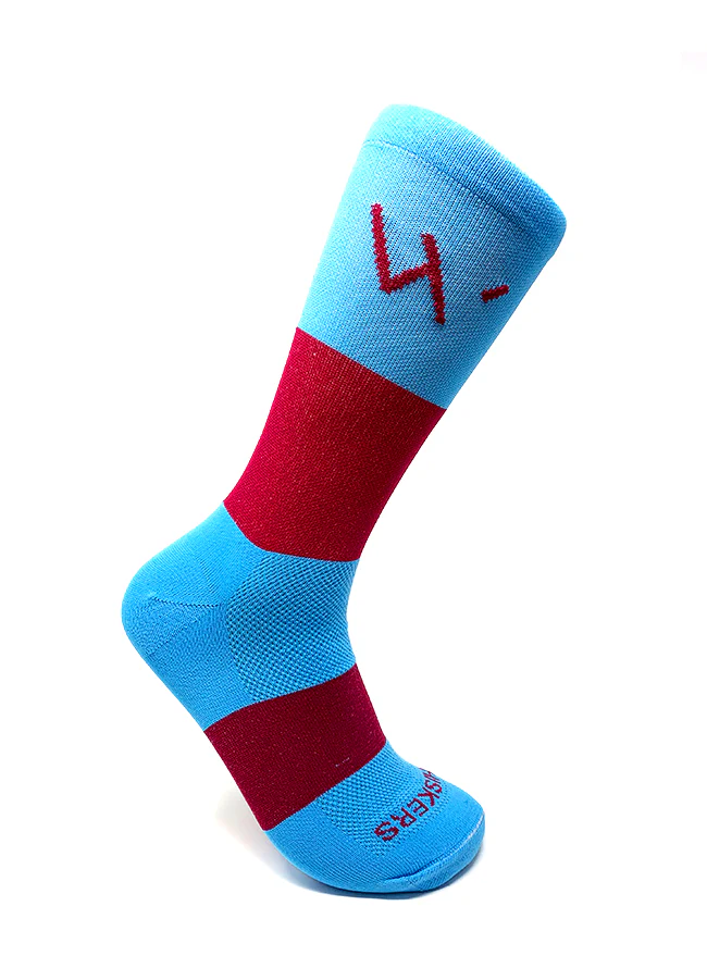 45" Garnet & Light Blue Flat Ticked Sneaker Lace + Garnet & Light Blue Banded Jacques Sock - Image 4